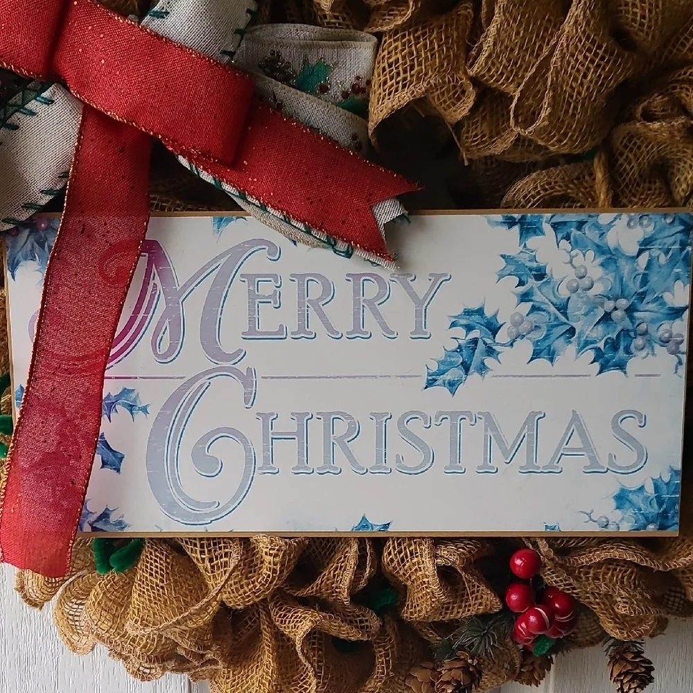 Festive Burlap Christmas Wreath with Red Bow